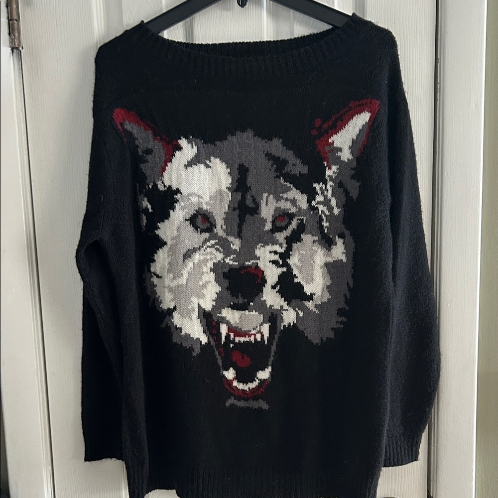 ZARA KNIT GRAPHIC WOLF PULLOVER SWEATER SIZE M